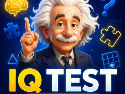 Albert Einstein illustration with IQ test elements